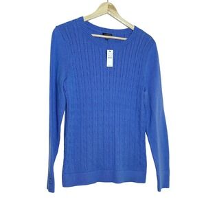 Talbots Womens Blue Cable Knit Button Cuff Crew Neck Long Sleeve Sweater L NEW
